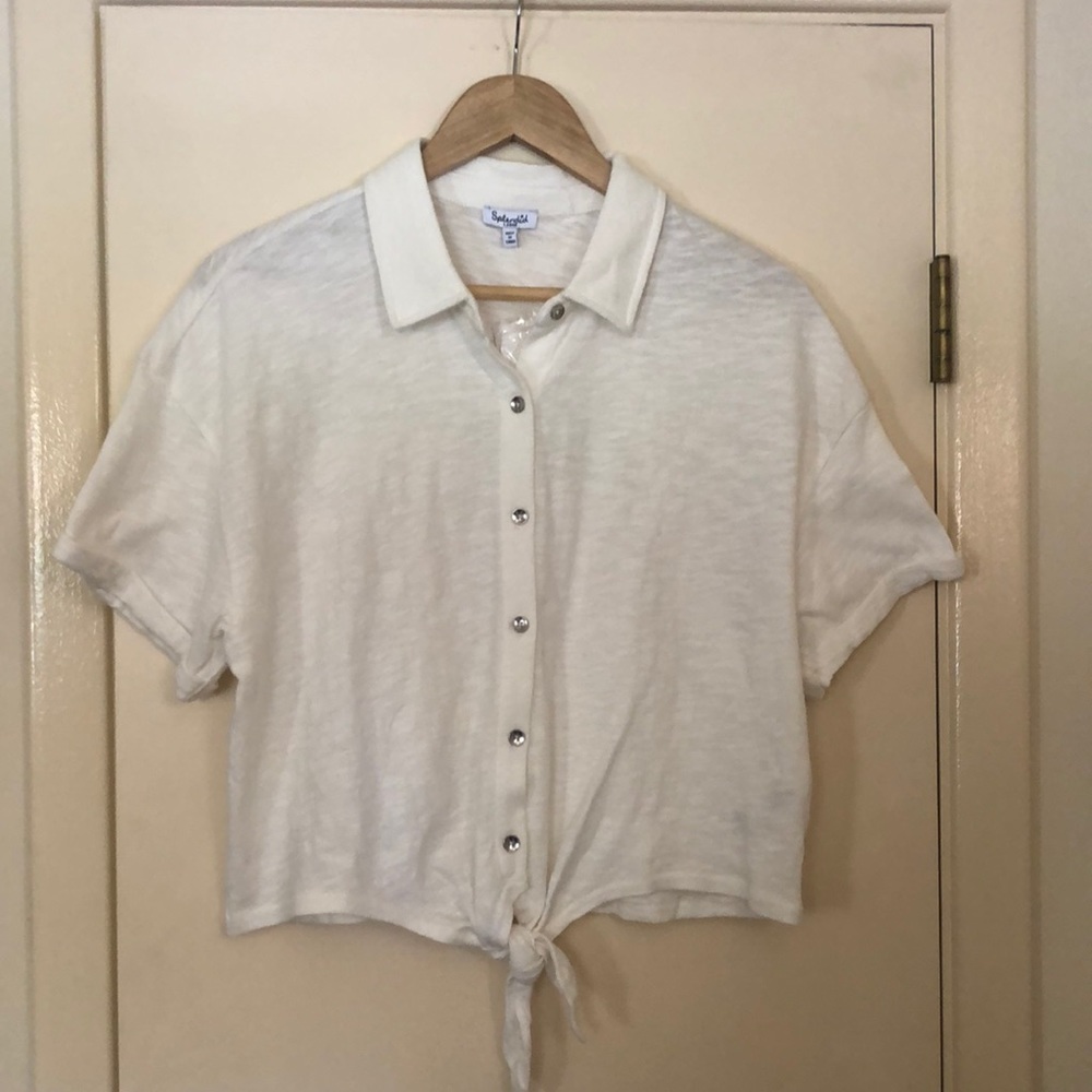 Splendid cream button tie crop top